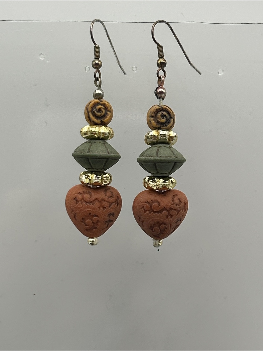 Handcrafted Green and Terracotta Brown Heart Drop Earrings